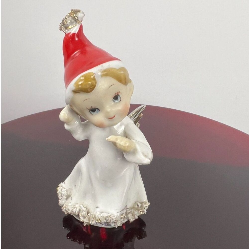Vintage 1950s Ceramic Spaghetti Trim Christmas Angel Figurine